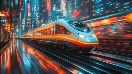 Poster - A sleek high speed train moves swiftly through a busy urban subway station illuminated by colorful neon lights, creating a dynamic atmosphere for commuters during nighttime.