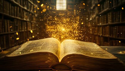 Poster - A mystical portal opens in the middle of an old bookstore, golden light spilling from the pages of an ancient book, cinematic surreal discovery