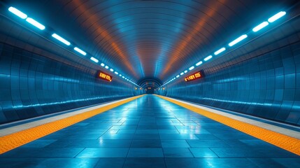 Aufkleber - An urban metro tunnel features sleek architecture with bright lighting and vibrant colors. Automatic signs display information, enhancing commuter experience in the subway system.