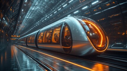 Poster - A sleek subway train with glowing accents stands at the platform ready to transport commuters. The station features advanced automation and modern design elements highlighting urban mobility.