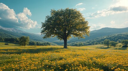 Poster - Solitary tree in a vibrant yellow flower field, set against a backdrop of majestic mountains under a sunny sky.
