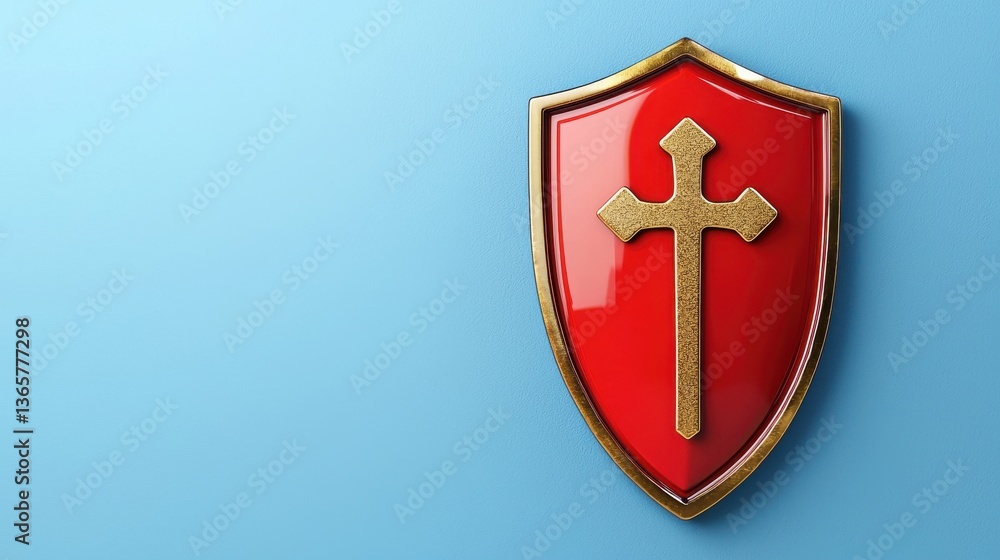 A red and gold shield with a cross offers strong protection symbolizing robust antivirus software security and provides ample copy space for text promoting the best programs