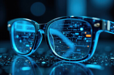 glasses with anti-glare lenses, reflection of the digital vision diagnostic interface in the lenses,