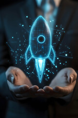 Wall Mural - businessman holding holographic rocket icon -