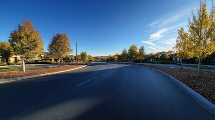 Poster - Suburban street scene with autumn trees, clear sky, and curving road.
