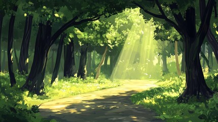 Poster - Sunbeams illuminate a path winding through a lush green forest with tall trees and wildflowers.