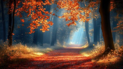 Poster - Sunbeams illuminate a path through an autumnal forest, leaves in vibrant orange and red hues, creating a magical scene.