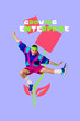 © deagreez - Creative poster collage of crazy young guy jumping success growing enterprise on purple background