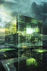 Wall Mural - digital cube architecture blending technology and sustainability, featuring green computing and conn