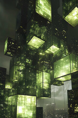 Wall Mural - digital cube architecture blending technology and sustainability, featuring green computing and conn