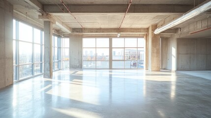 Poster - Sunlit empty loft space with large windows offering city views.