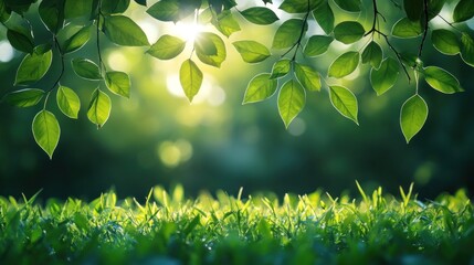 Poster - Sunlit green leaves and grass.