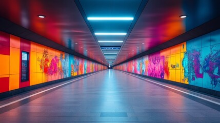Aufkleber - Brightly lit corridor in a modern subway station, showcases colorful wall art while commuters navigate through this bustling urban transit hub during peak evening hours.