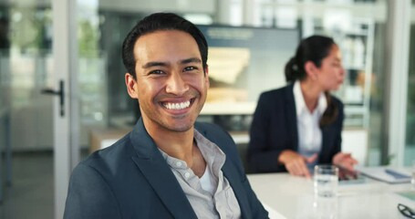 Aufkleber - Face, group and man with smile, boardroom and ambitious for career growth in company and confident. Corporate, colleagues and person with pride in business, happiness and account manager in meeting