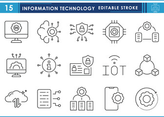 A set of line icons related to Information Technology. IT, operating system, data protection, internet of things, connection, and so on. Vector editable stroke.