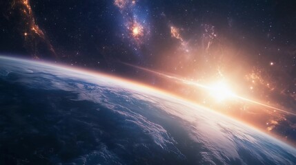 Wall Mural - a beautiful view of the earth from space with a bright sun in the background. the sun's rays are shi