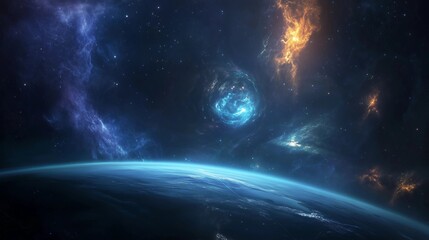 Wall Mural - a blue planet with a yellow and orange star in the background. the planet is surrounded by a lot of 
