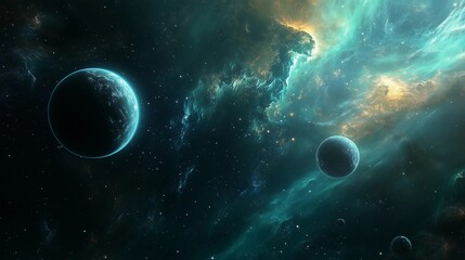Wall Mural - a space scene with three planets and a blue background. the planets are small and the background is 