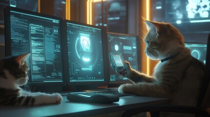 Cats working in futuristic office environment using technology. Generative ai illustrations