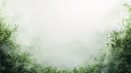 Poster - Lush green foliage framing a misty, enigmatic forest scene