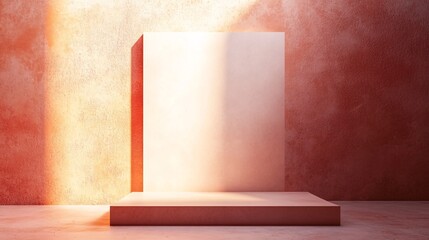 Fototapete - Empty showcase displaying on pink concrete wall with sunlight lighting background