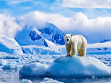 In a striking arctic landscape, a solitary polar bear perches on a melting ice floe surrounded by shimmering blue waters and towering mountains, with fluffy clouds drifting above