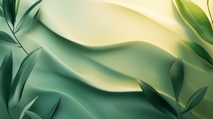Aufkleber - Green leaves resting on flowing green satin fabric background