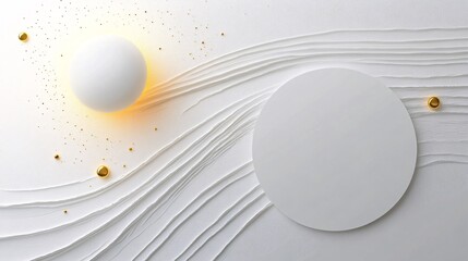 Poster - White podium with sphere glowing and golden particles floating on white abstract background