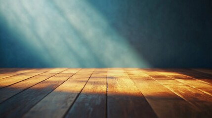Poster - Empty wooden table illuminating by sunbeam light rays on moody blue background