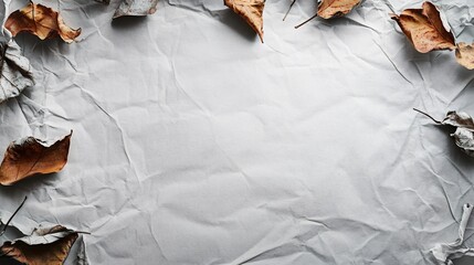 Wall Mural - Crumpled white paper background decorated with dry autumn leaves