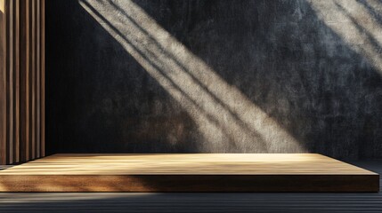 Poster - Sunlight illuminating empty wooden podium in room with dark concrete wall