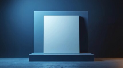 Poster - White blank canvas standing on blue pedestal in gallery interior with lighting effect