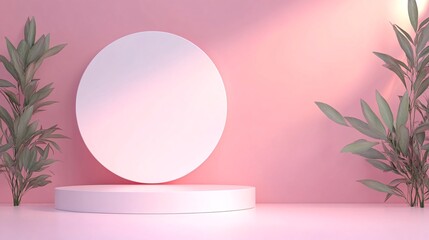 Poster - White podium displaying cosmetic products on pink background with plants