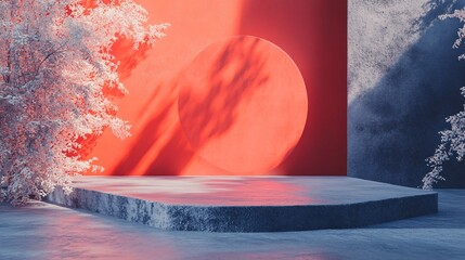 Poster - Empty concrete podium displaying with white trees and red circle on red and blue concrete wall background