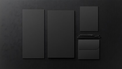 Wall Mural - Mockup of black business cards, pen and envelope on black background.
