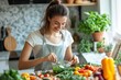 © wang - Fresh start of day. Happy young woman enjoy home cooking prepare healthy vegetarian food for breakfast cut summer seasonal ingredients for nutritious dietary vegetable salad on domestic kitchen table