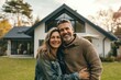 © wu - Cheerful young middle aged couple of real estate property buyers posing in front of new house, celebrating buying, enjoying homeownership, standing and hugging on yard outside