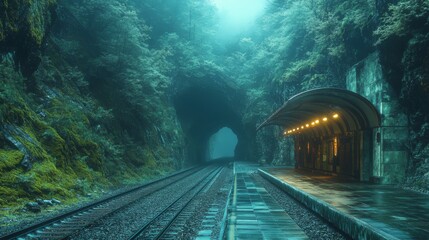 Aufkleber - A subway platform stands in a serene mountain setting, surrounded by dense foliage and fog, with tracks leading into a tunnel. Soft lighting enhances the tranquil mood.
