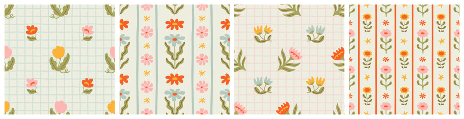 Leinwandbilder - Colorful floral seamless pattern illustration set. Vintage style flower frame background design collection. Geometric natural wallpaper print, spring season nature backdrop texture with flowers.	