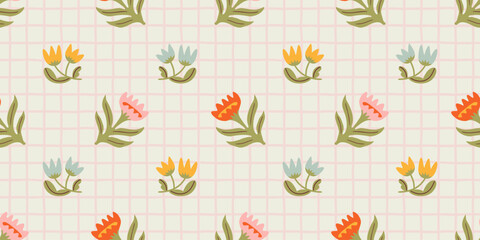 Wall Mural - colorful floral seamless pattern illustration. vintage style flower plaid background design. geometr