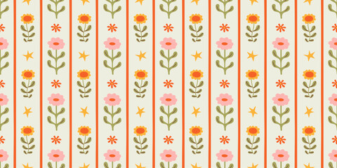Fototapete - Colorful floral seamless pattern illustration. Vintage style flower background design. Geometric natural wallpaper print, spring season nature backdrop texture with flowers.