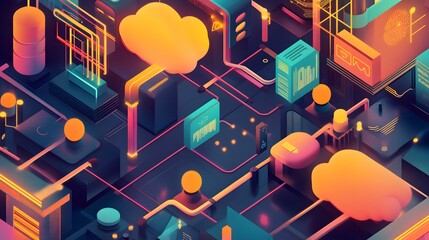 A network of interconnected digital systems and devices, with vibrant data streams linking a chatbot interface to various platforms like databases, clouds, and devices