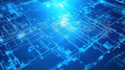 Wall Mural - abstract digital circuit board design, glowing blue lines, technology background, website banner