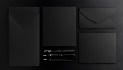 Wall Mural - Mockup of black business cards, pen and envelope on black background.