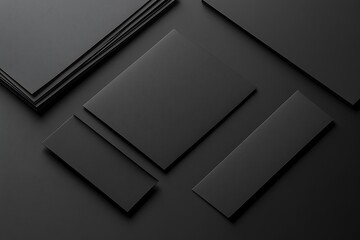 Wall Mural - Mockup of black business cards, pen and envelope on black background.