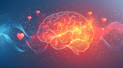 Wall Mural - a light pastel background featuring a glowing brain outline, minimal abstract ribbons and floating h