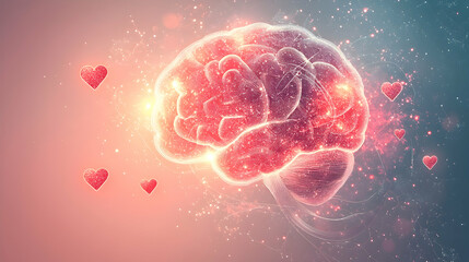 Wall Mural - a light pastel background featuring a glowing brain outline, minimal abstract ribbons and floating h