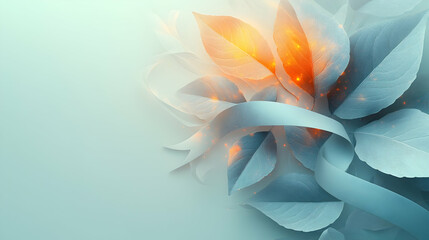 Wall Mural - a light pastel background featuring a minimal ribbon and glowing leaves, symbolizing growth, awarene