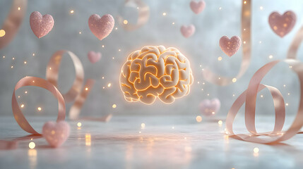 Wall Mural - a light pastel background showing glowing brain symbols, floating ribbons and minimal hearts symboli
