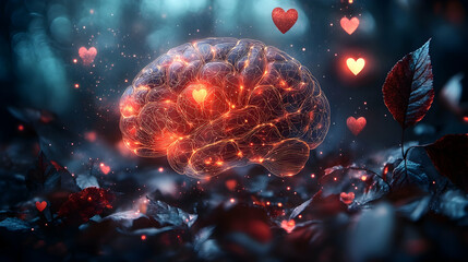 Wall Mural - a light pastel gradient showing glowing abstract brain outlines, minimal floating leaves and soft he